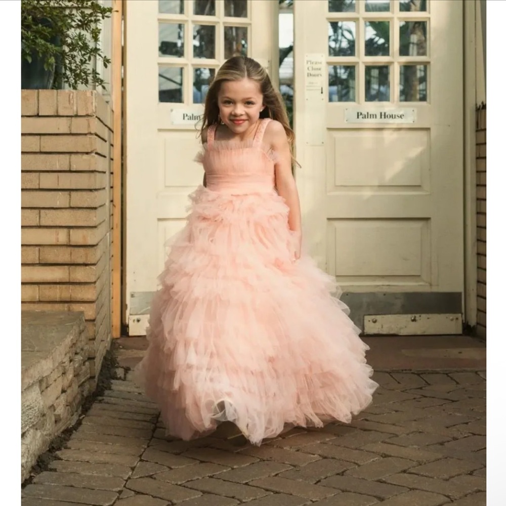 Mac Duggal 20589 Girls Tulle Ruffle Peach Ballgown